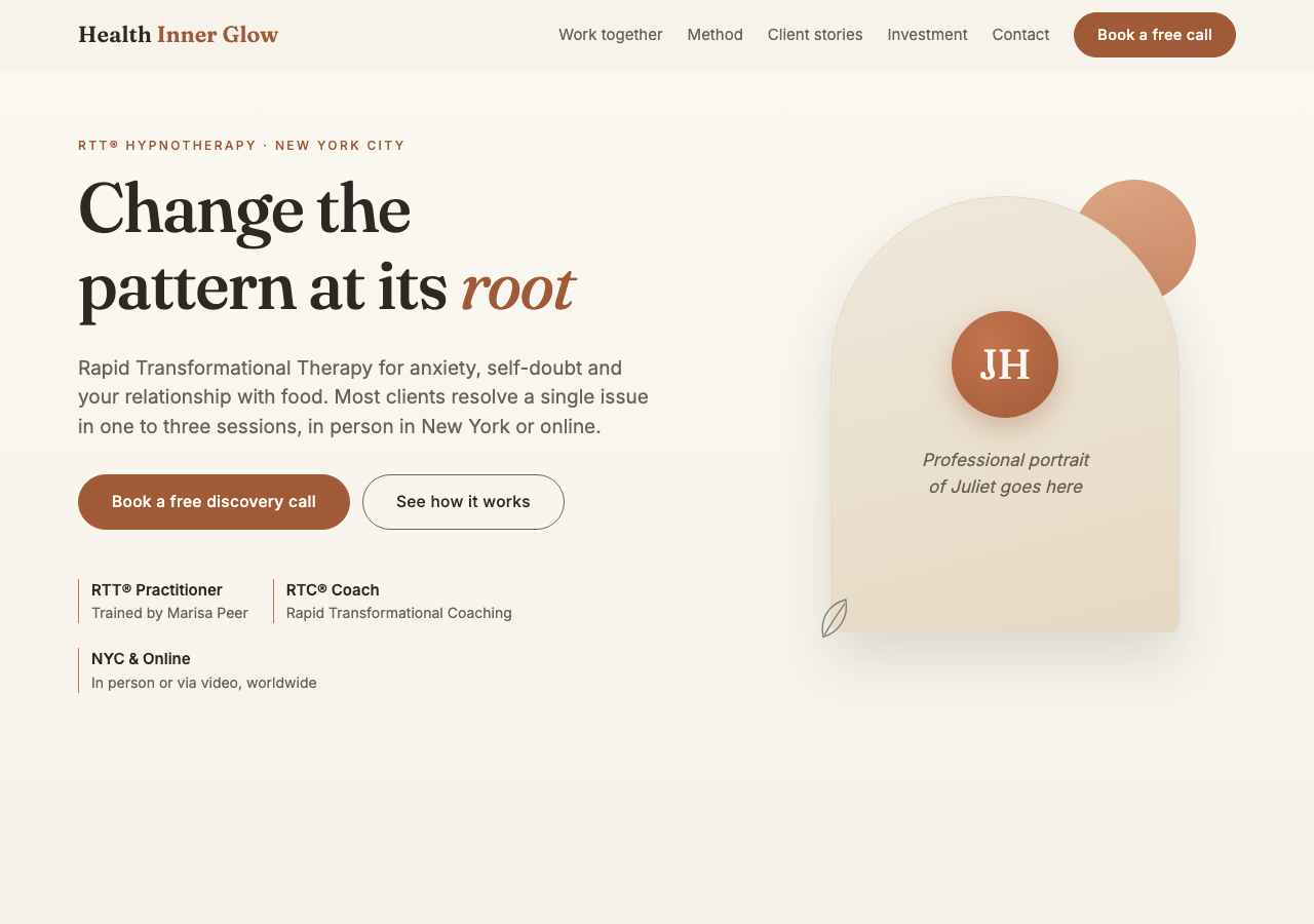 New homepage: headline 'Change the pattern at its root' with credentials and booking call